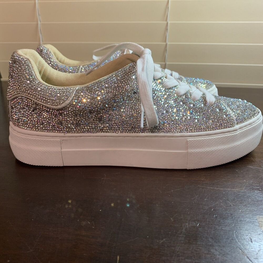 Betsey Johnson Sidny Lace-Up Rhinestone Platform Sneakers Silver 7.5 M